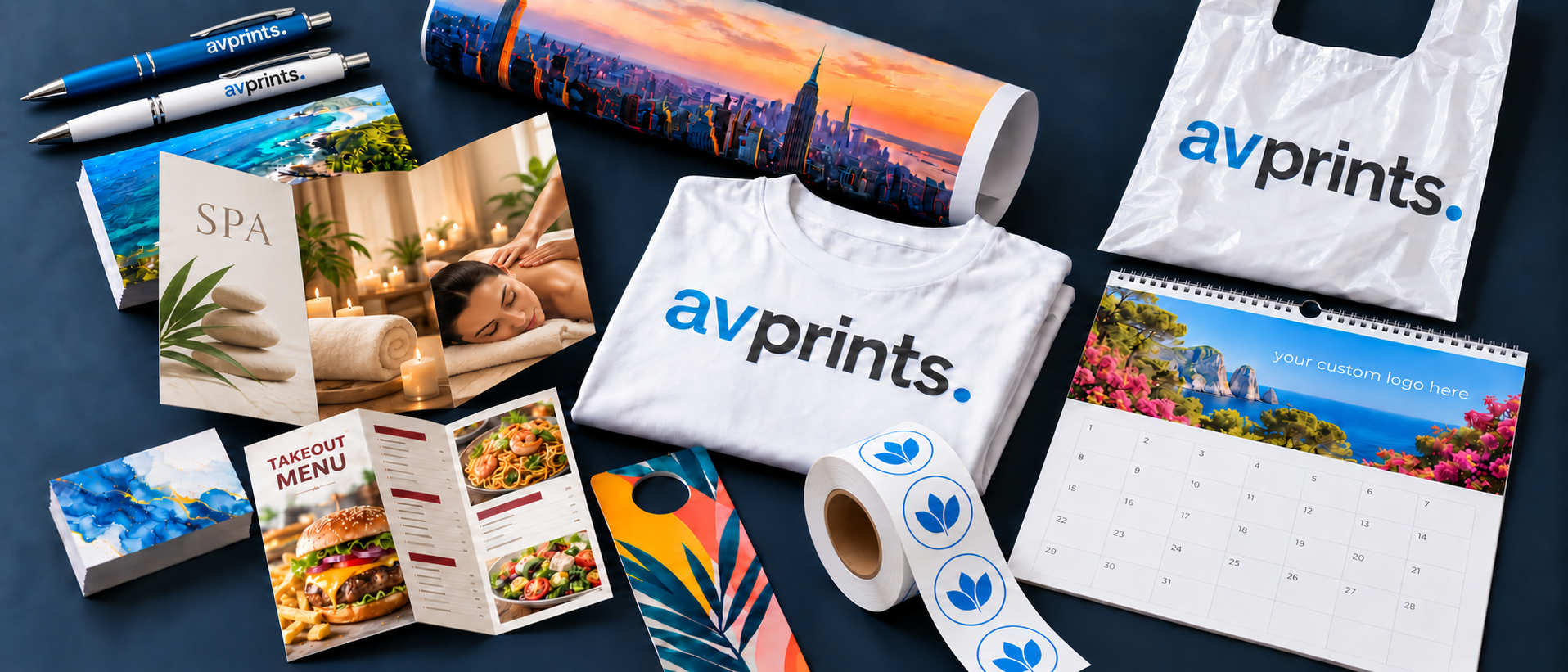 Menú para llevar, folleto para spa, bolígrafos con el logo de AV Prints, etiquetas en rollo, camiseta, bolsa plástica y calendario de pared abierto sin año